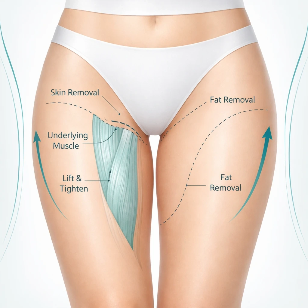 نواحی قابل درمان در جراحی لیفت ران شامل بخش داخلی و خارجی