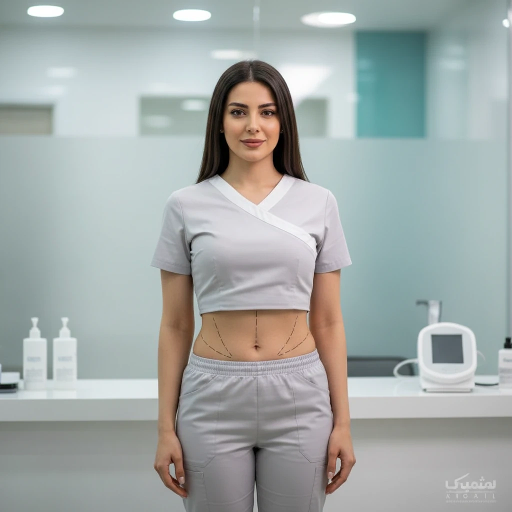 نمایی از شکم خانم با علامت‌گذاری جراحی برای بررسی کاندید مناسب لیپوماتیک