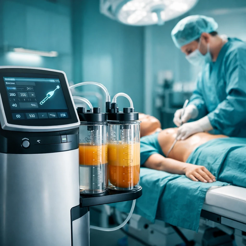 جزئیات دستگاه لیپوماتیک پیشرفته با مانیتور دیجیتال و لوله‌های استخراج چربی در کلینیک تهران VIP