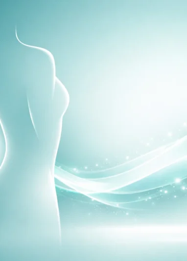سیلوئت انتزاعی بدن زنانه با خطوط فیروزه‌ای روشن، نمادی از جوانسازی و ظرافت در کلینیک زیبایی
