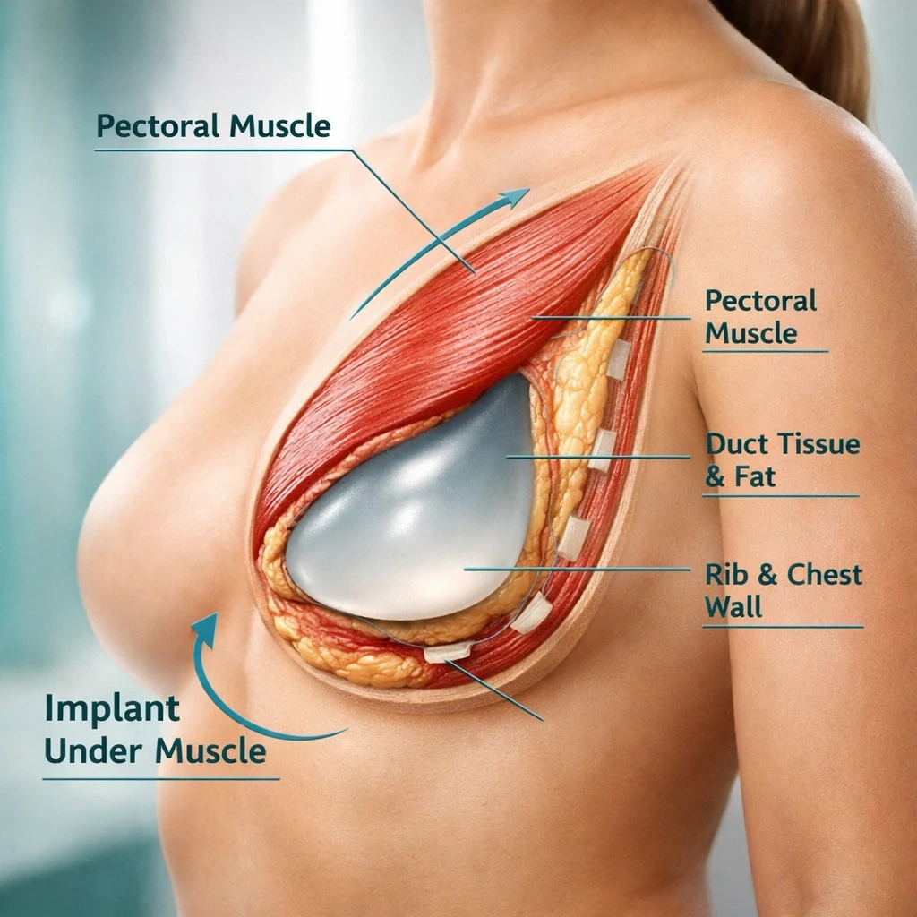 نمای آناتومیک قرارگیری پروتز سینه زیر عضله