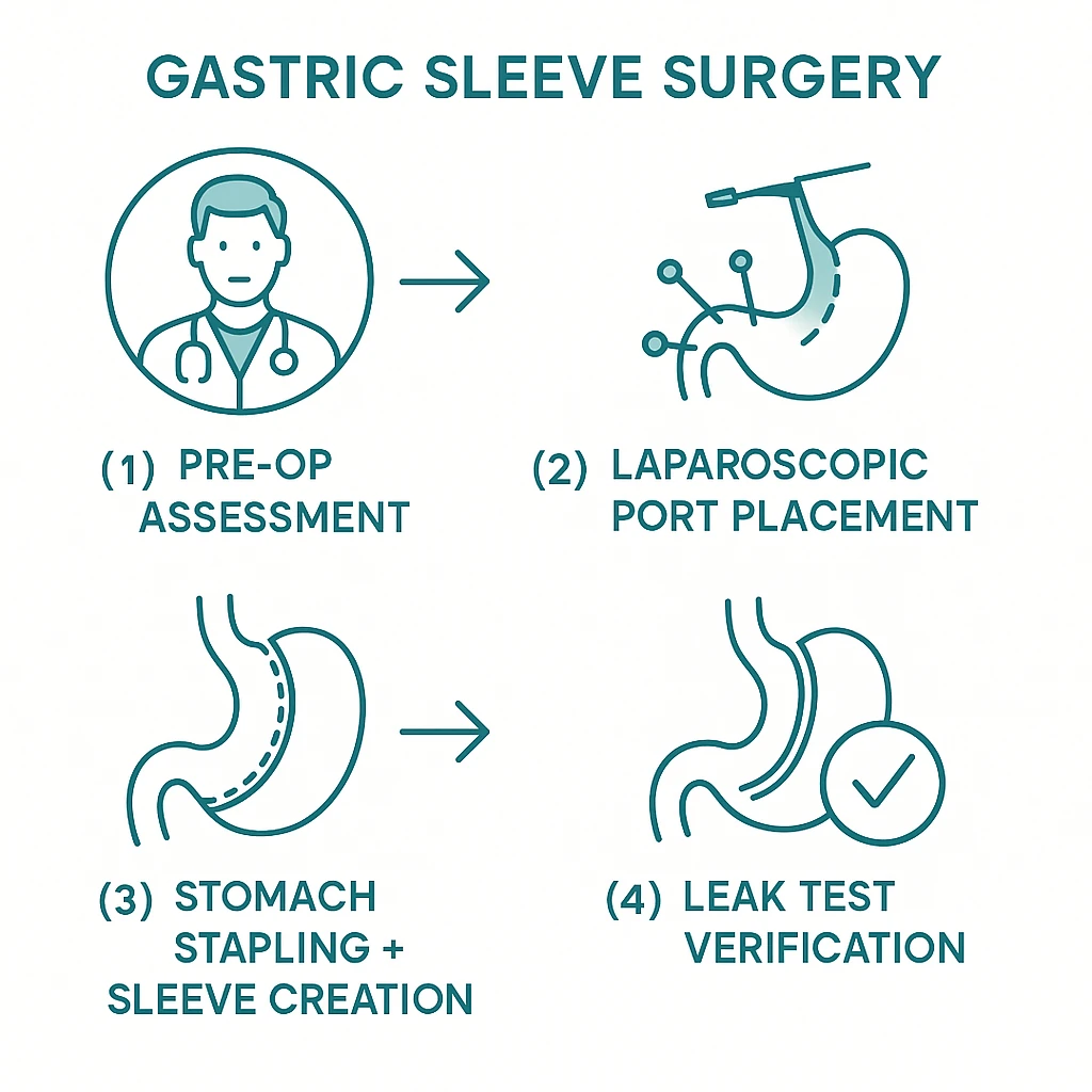 مراحل ۴گانه اسلیو معده شامل ارزیابی، مپینگ، برش معده و تست نشتی