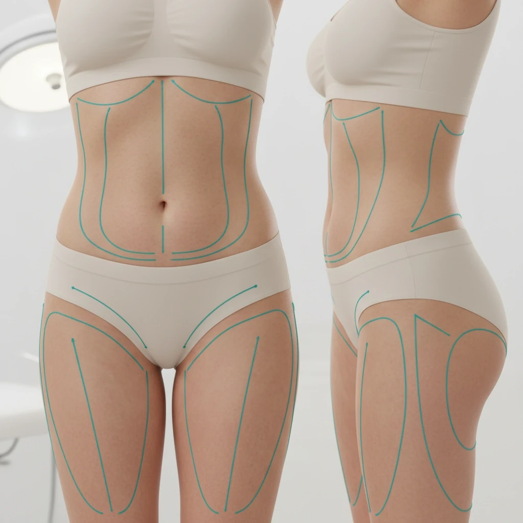 نواحی قابل درمان با لیپوماتیک در شکم، پهلو، ران و باسن