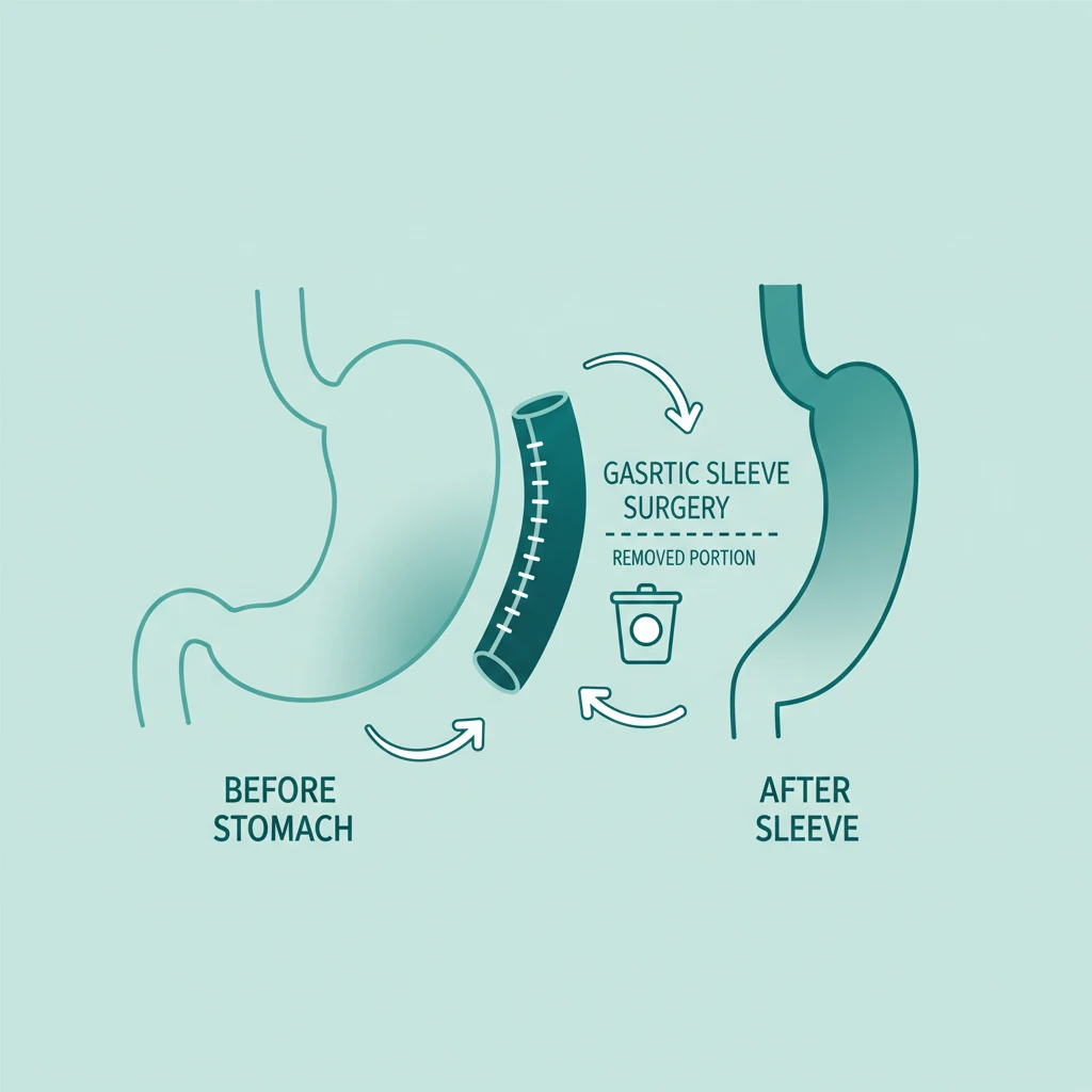 تصویر مینیمال اسلیو معده با نمایش معده برش‌خورده و معده لوله‌ای