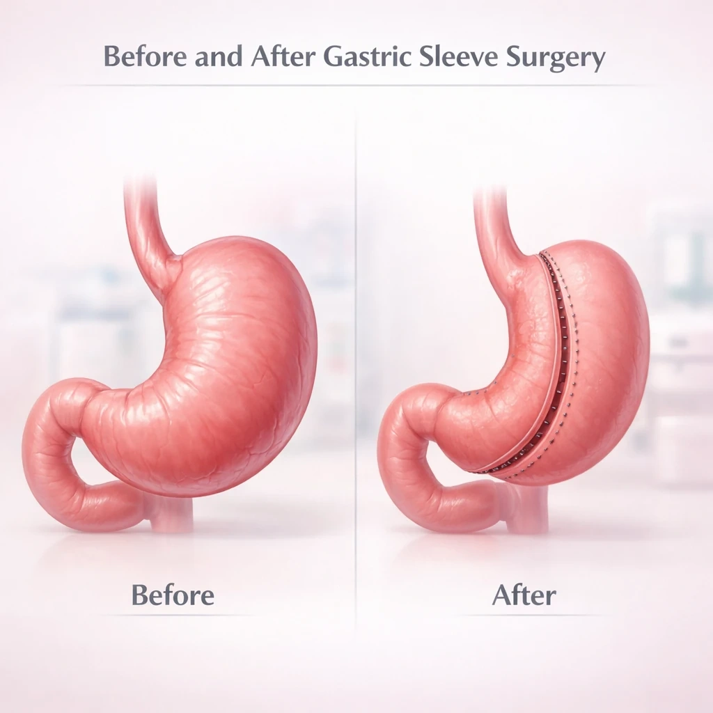 نمای آناتومی معده قبل و بعد از جراحی اسلیو معده